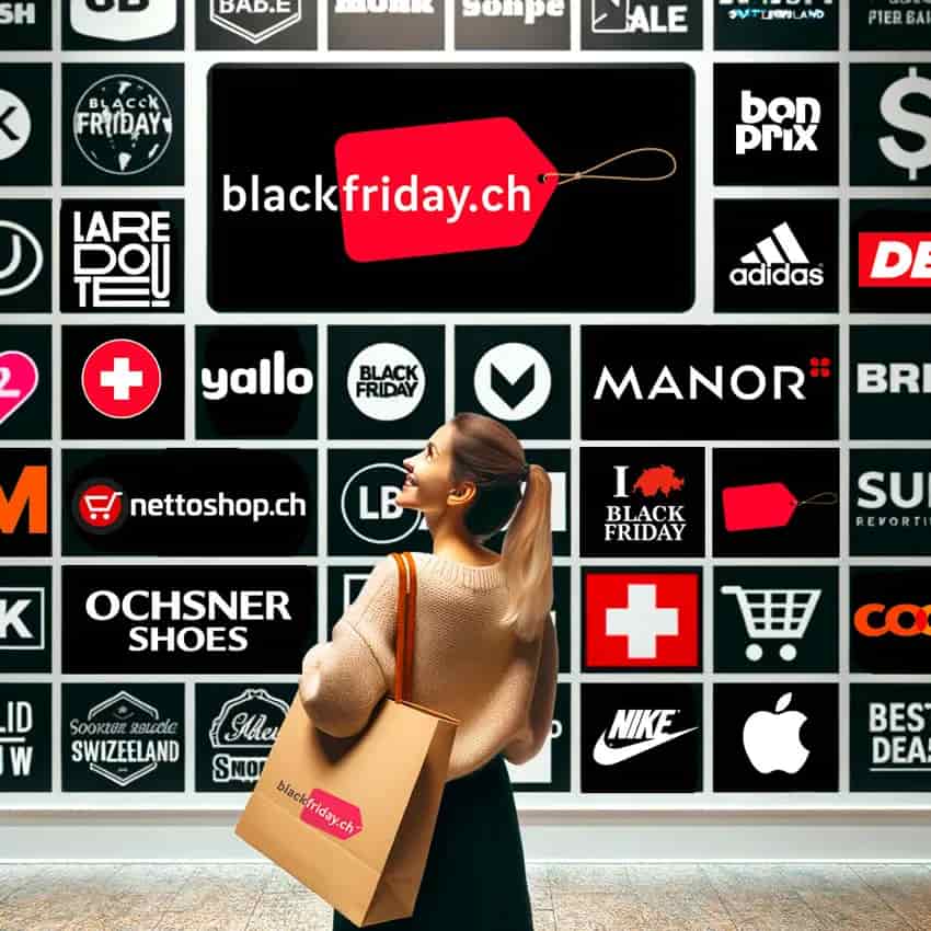 Women facing a wall full of shops and brands logo