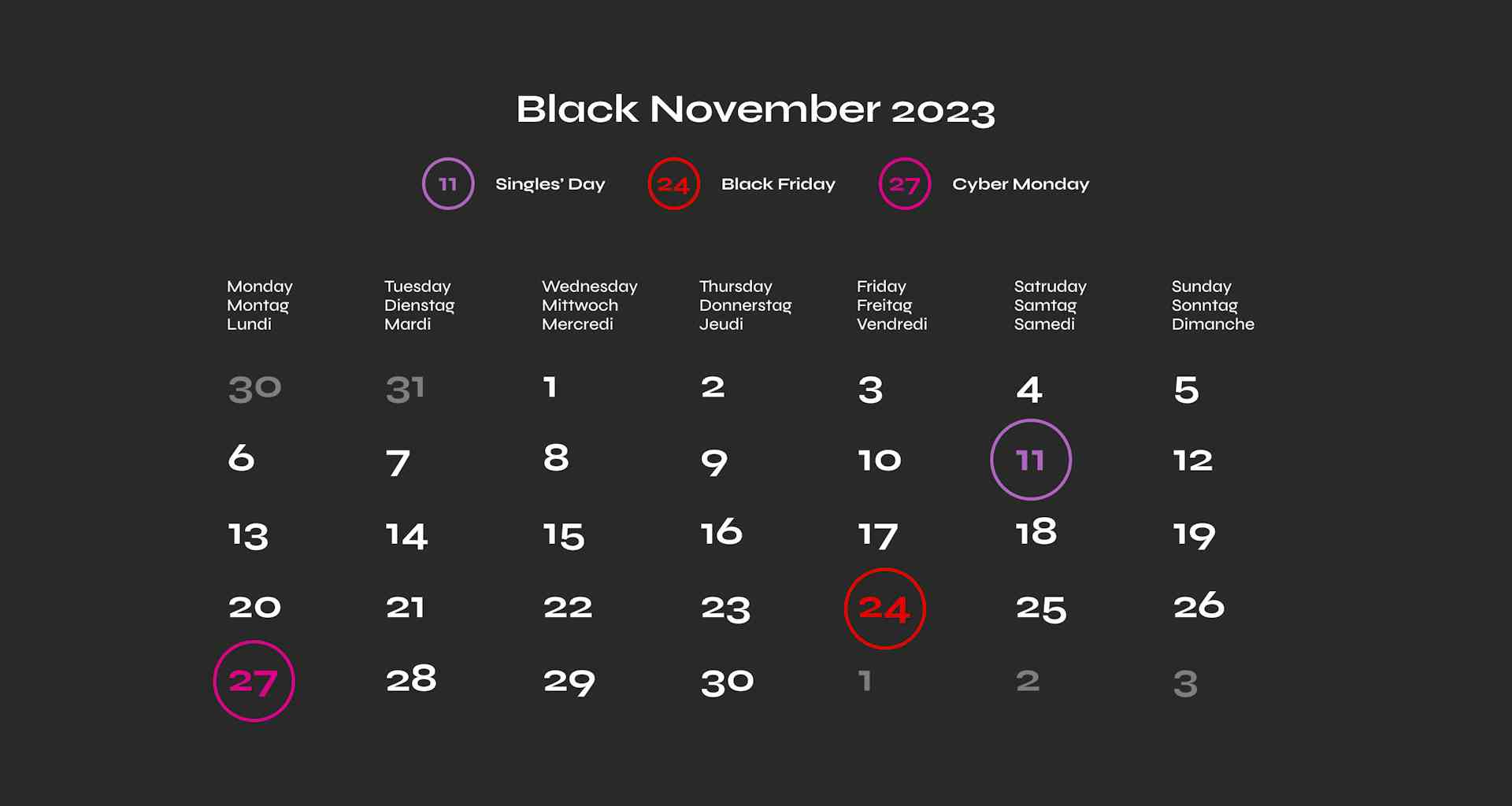 Black November 2023 in der Schweiz (Singles' Day 2023, Black Friday 2023 und Cyber Monday 2023) | blackfriday.ch